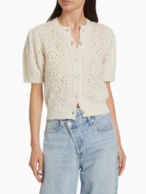 Doen Mirabelle Alpaca-Blend Short-Sleeve Cardigan in Ivory Size M